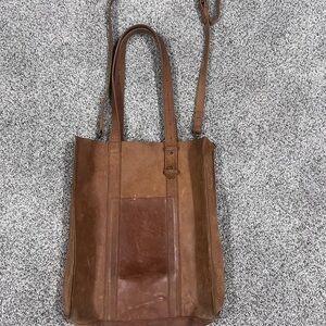 Able Local + Global Brown Genuine Leather North South Tote Bag With Long Strap